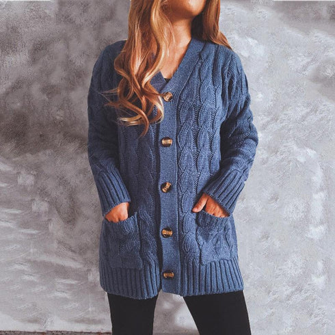 Autumn and winter single-breasted thick twist pocket long sleeve knit sweater cardigan